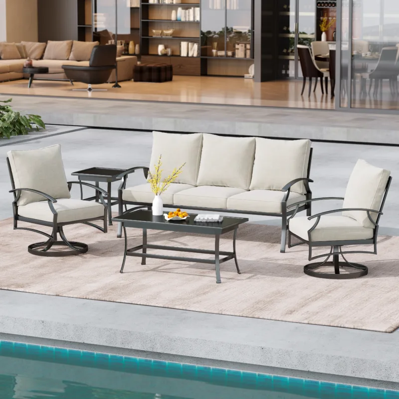 Outdoor Metal 5-Person Patio Set With Two Tables And Cushions - Image 2