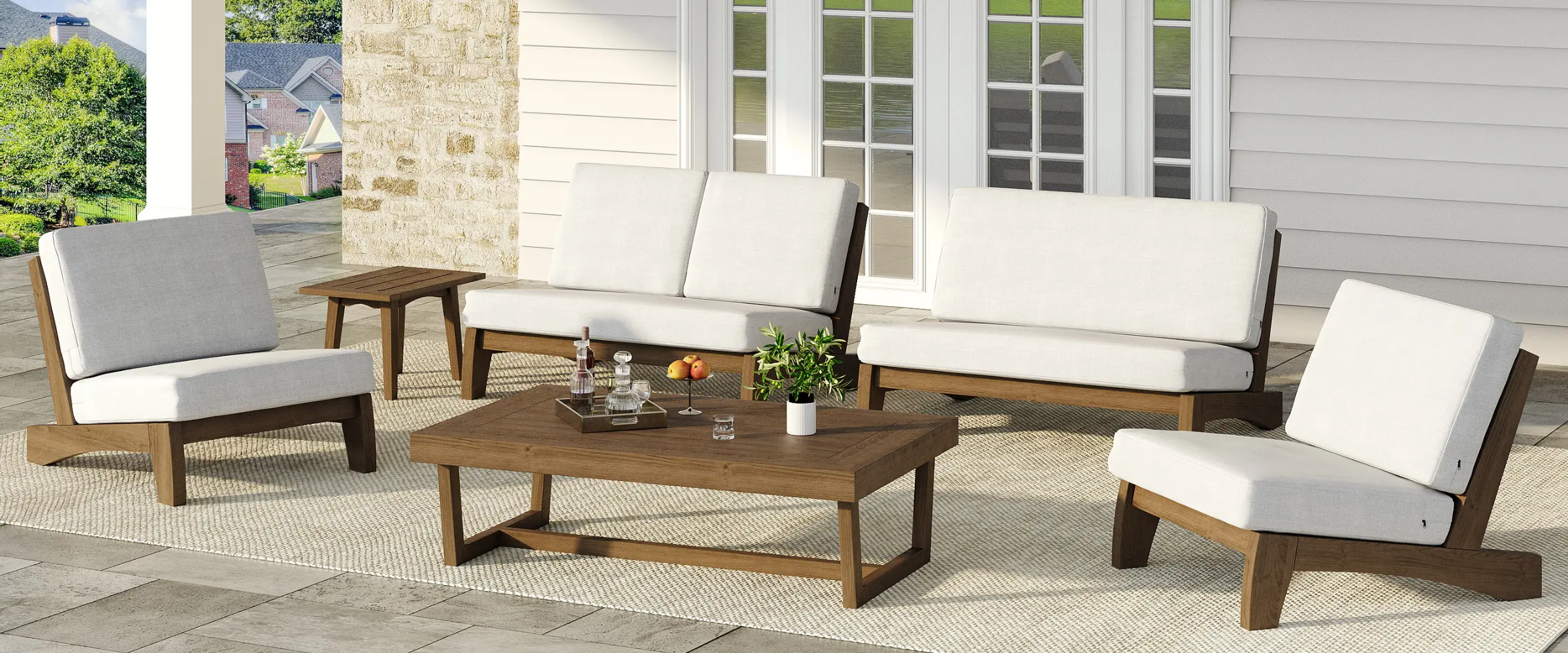 Dreamsidea's modern wood outdoor furniture set with a loveseat and armchairs on a stylish patio.