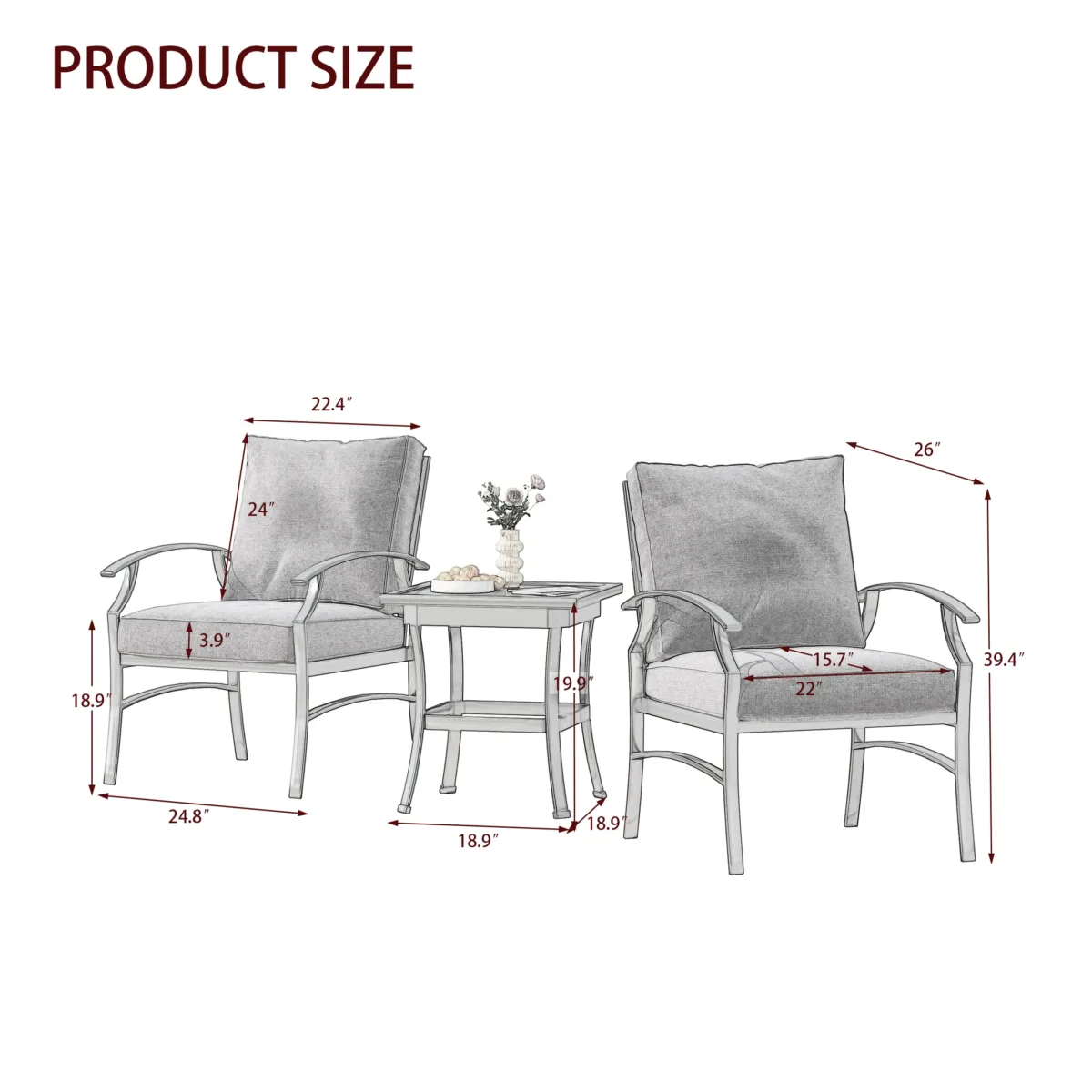 3 Pieces Set Metal Outdoor Patio Furniture Chairs Set with Cushions and End table - Image 3