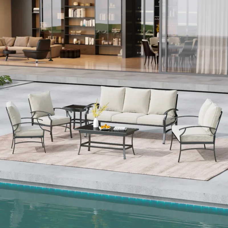 Outdoor Metal 7-Person Patio Set With Two Tables And Cushions