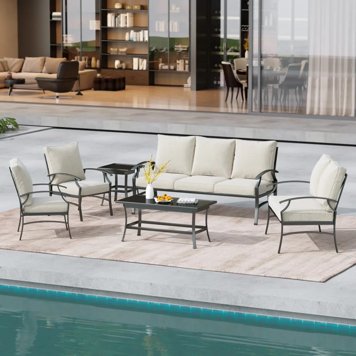Outdoor Metal 7-Person Patio Set With Two Tables And Cushions - Image 1