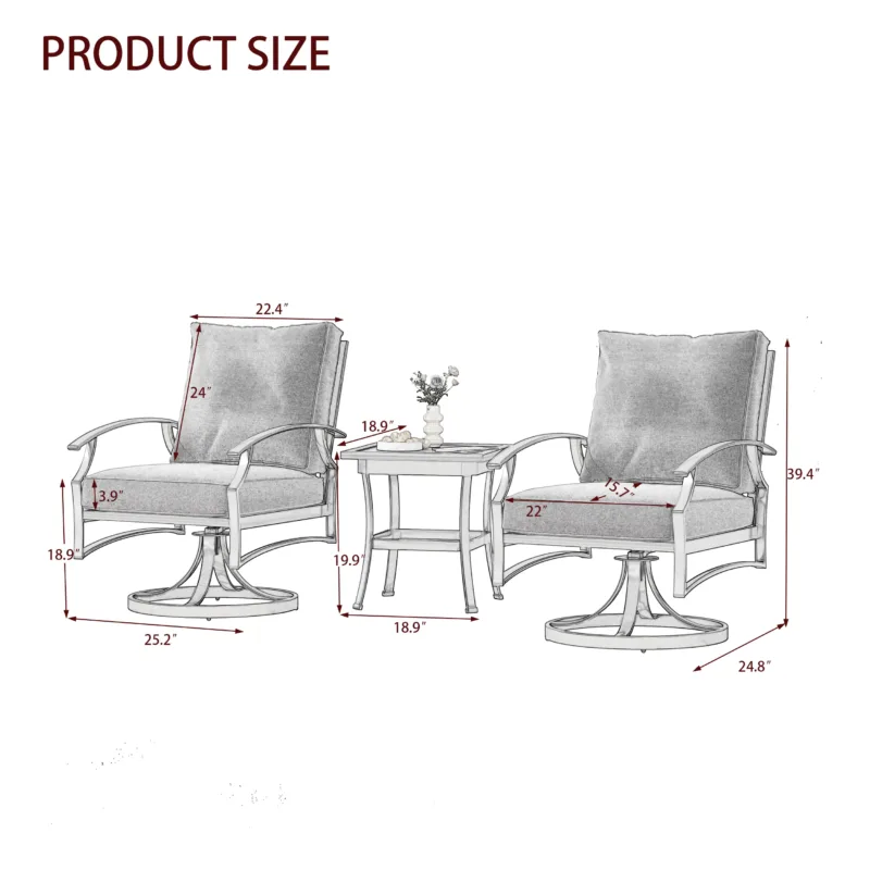 3 Pieces Set Metal Outdoor Patio Furniture Swivel Chairs Set with Cushions - Image 3