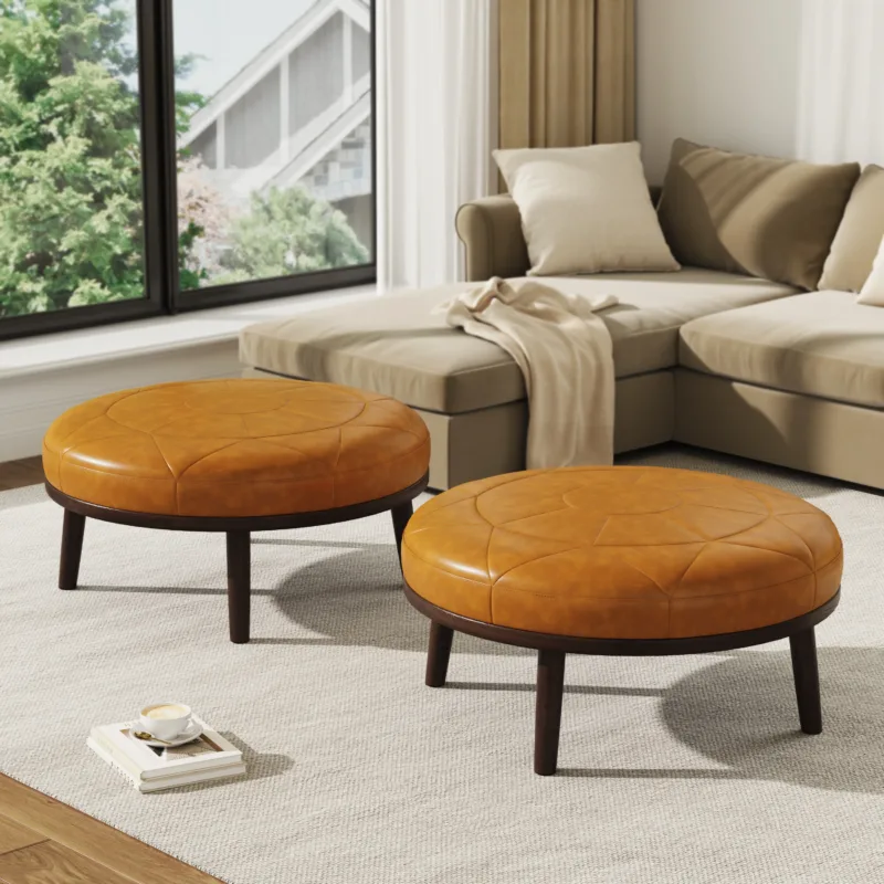 Rowland Full-Grain Genuine Italian Leather Ottoman (Set of 2) - Image 3