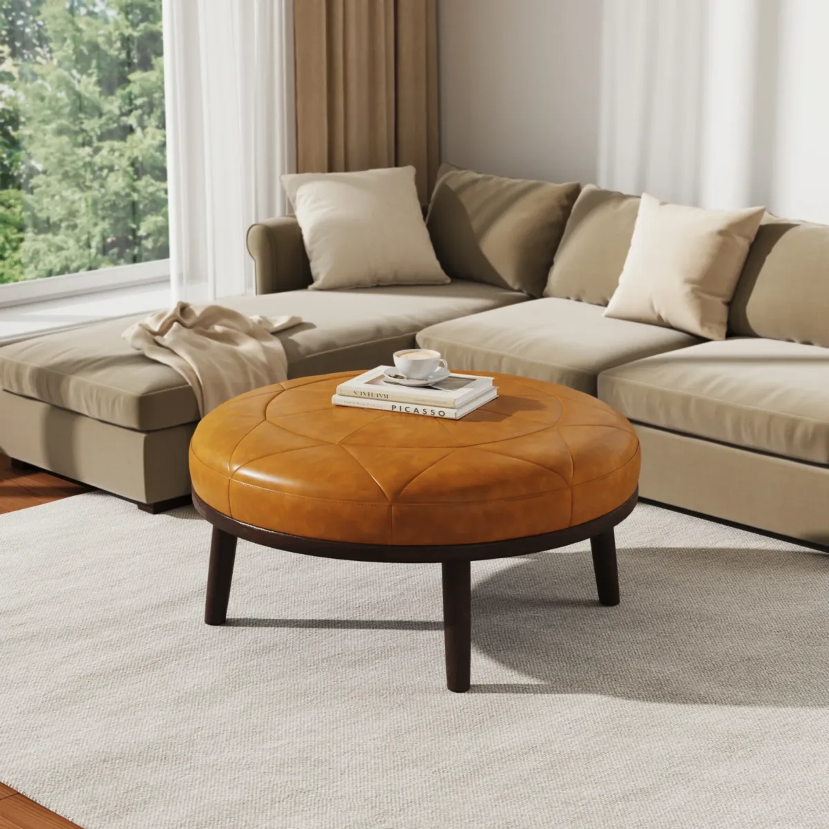 Rowland Full-Grain Genuine Italian Leather Ottoman - Image 3