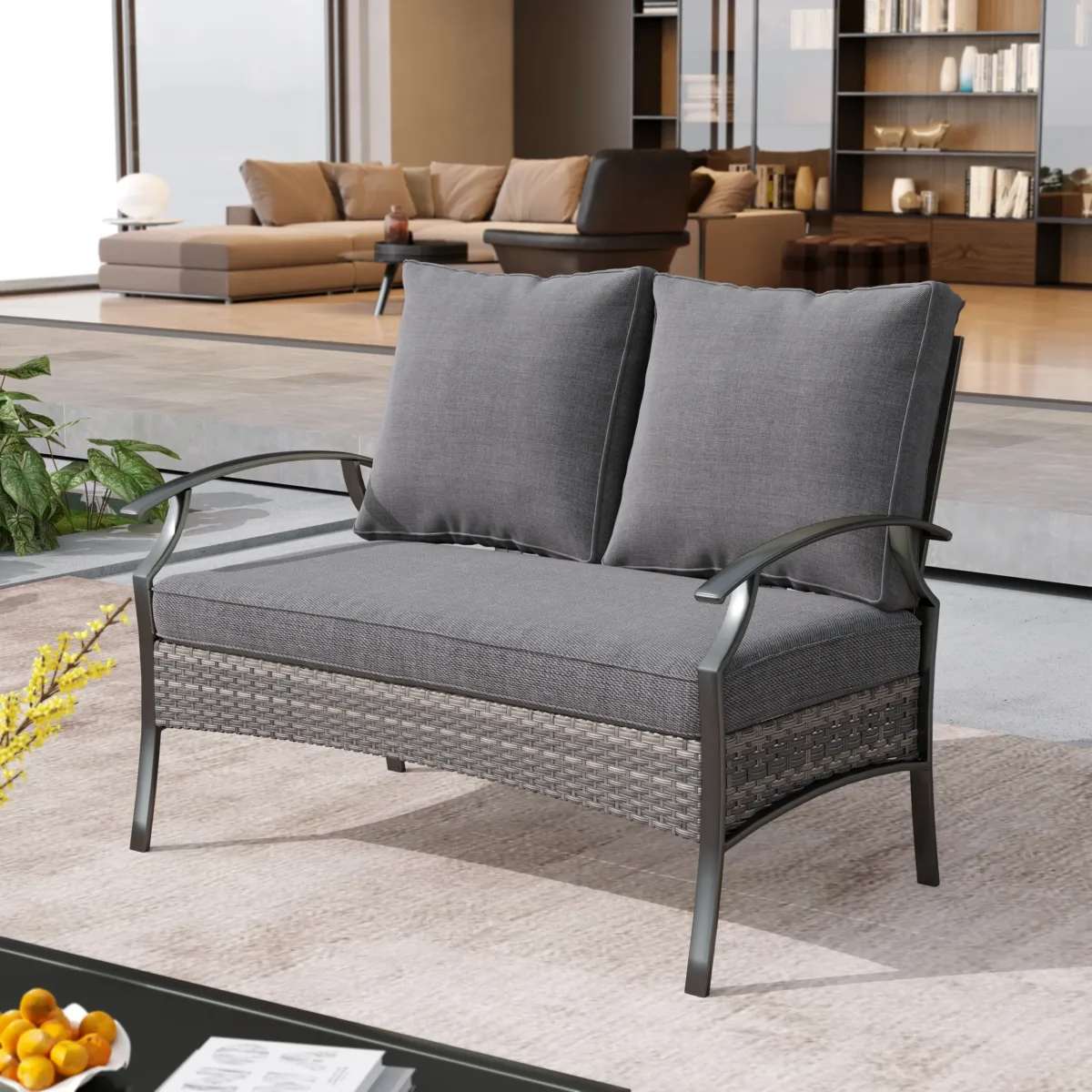 Charron Metal Outdoor Loveseat with Cushions and Wicker Decor - Image 2