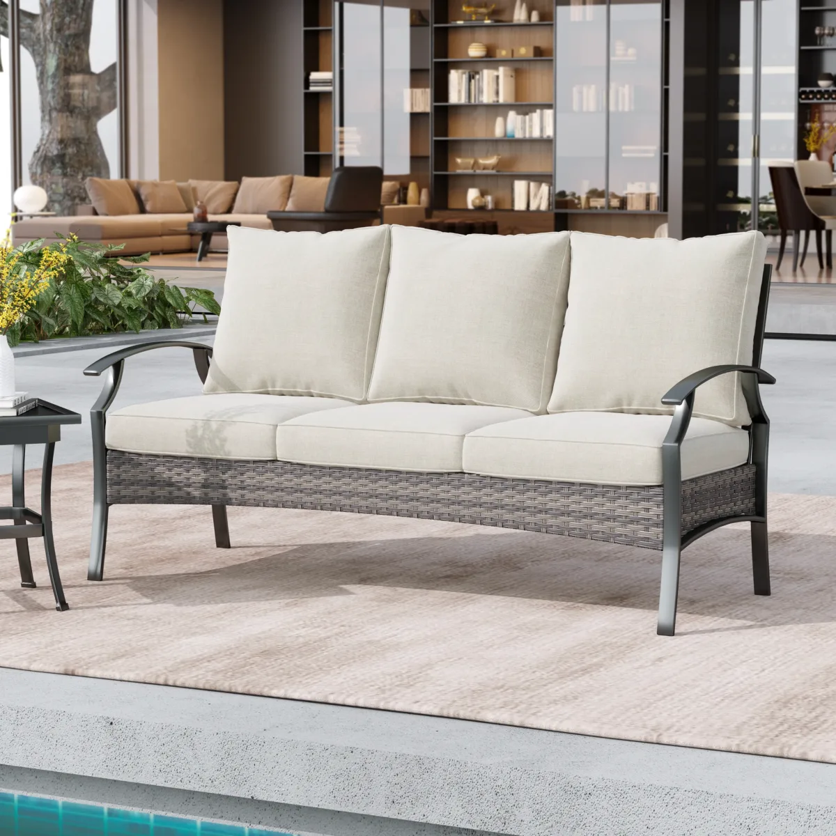 Charron Metal 3-person Patio Outdoor Sofa with Cushions and Wicker Decor - Image 1