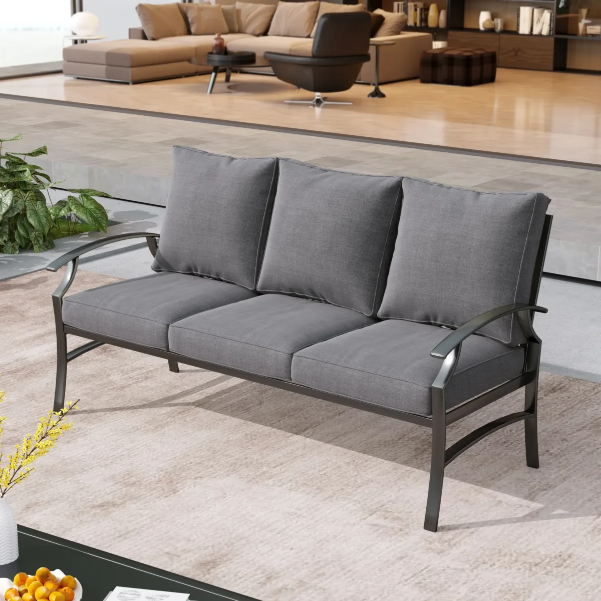 Metal 3-Person Patio Outdoor Sofa with Cushions 2 - Image 2