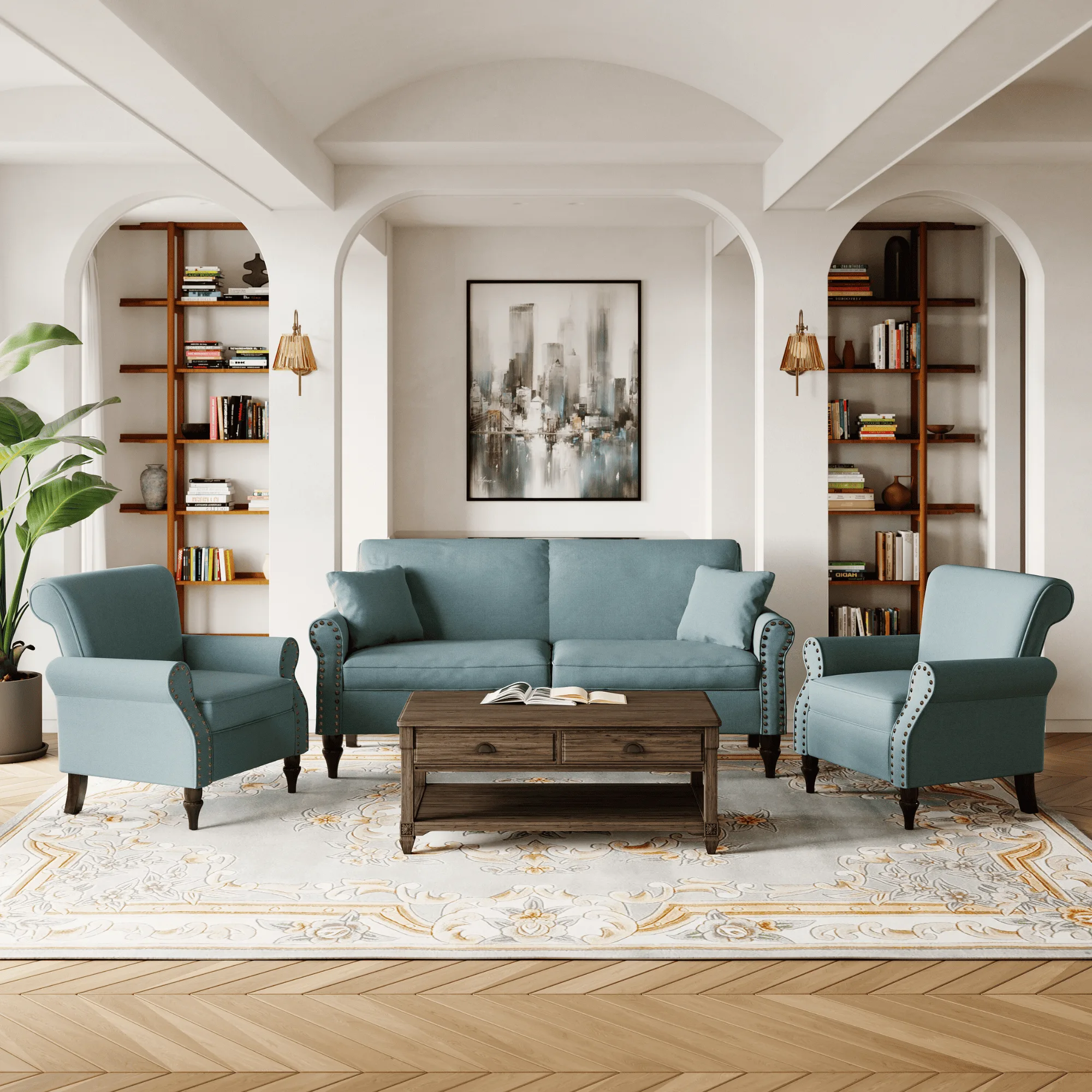 An elegant living room featuring indoor sofas and seating collection, with a classic blue sofa and two armchairs.