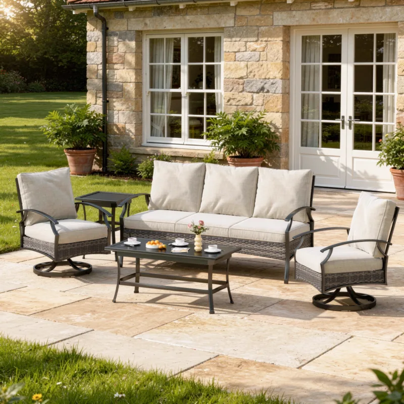 Charron Outdoor Metal 5-Person Patio Set With Two Tables and Wicker Decor - Image 2