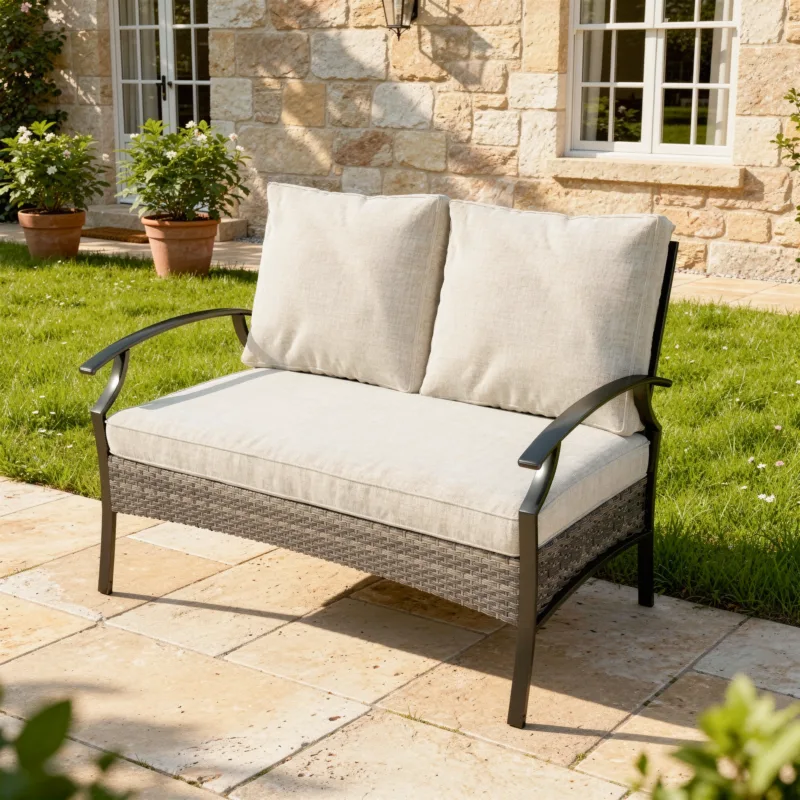Charron Metal Outdoor Loveseat with Cushions and Wicker Decor - Image 2