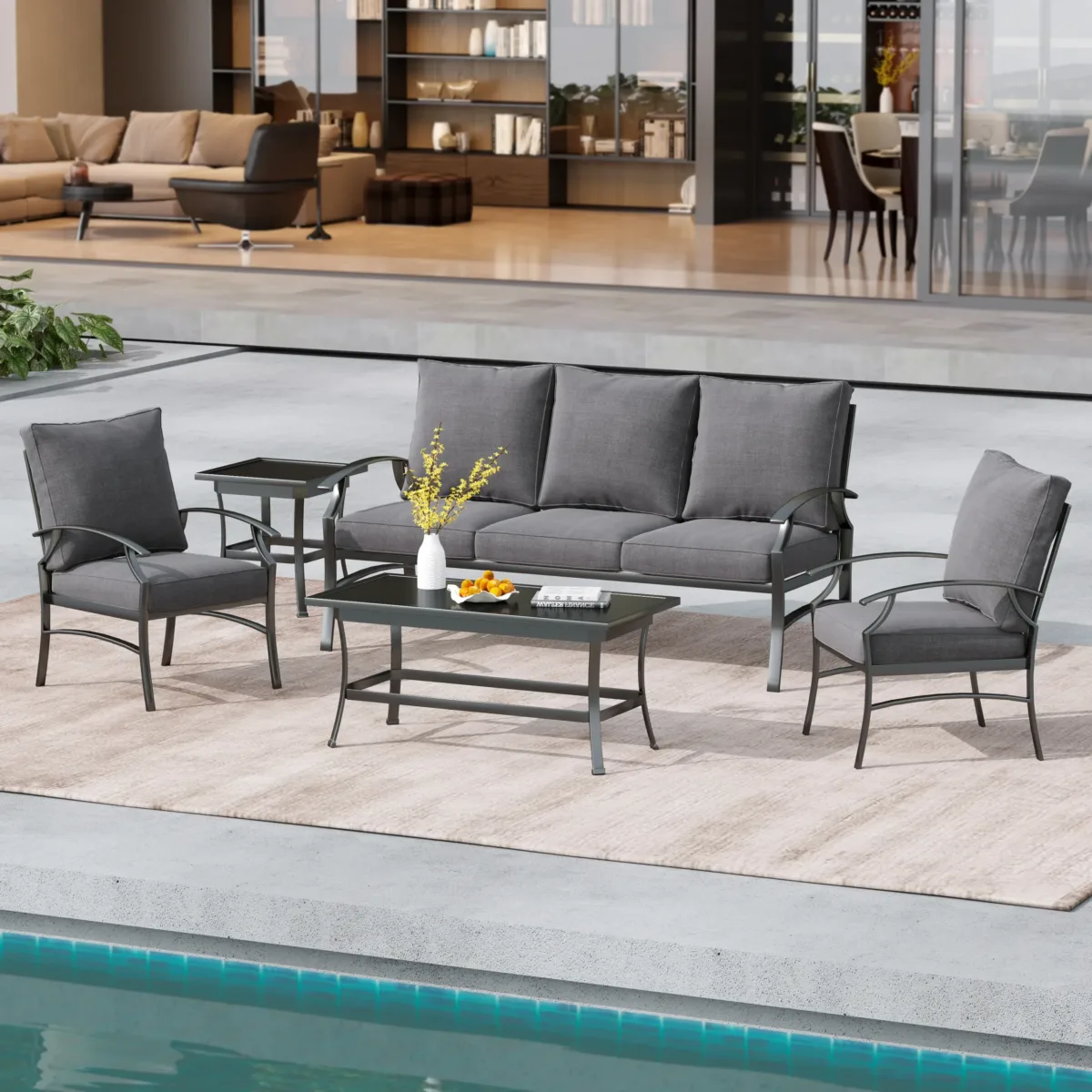 Outdoor Metal 5-Person Patio Set With Two Tables And Cushions - Image 2