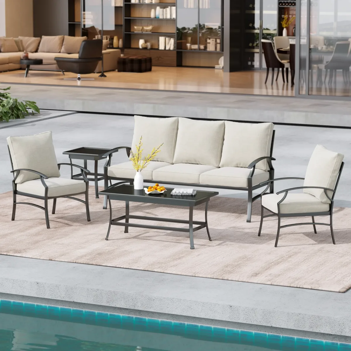 Outdoor Metal 5-Person Patio Set With Two Tables And Cushions - Image 1