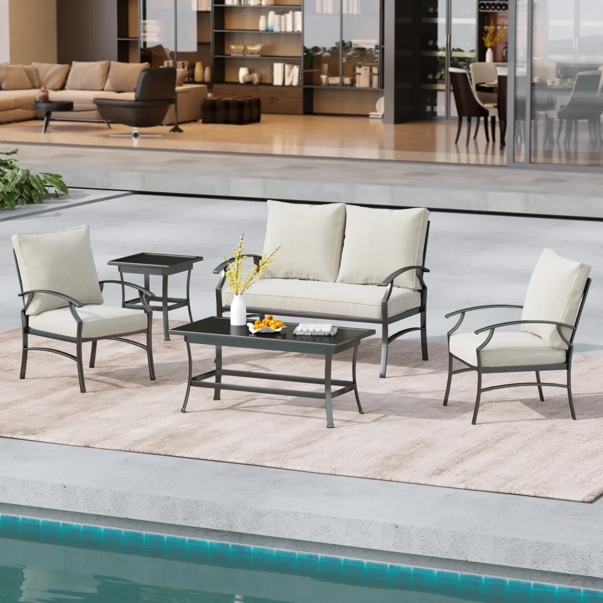 Outdoor Metal 4-Person Patio Set With Two Tables And Cushions - Image 1