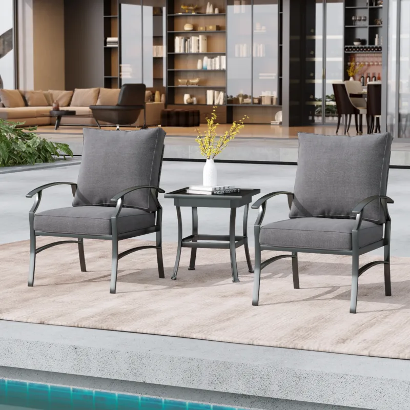 3 Pieces Set Metal Outdoor Patio Furniture Chairs Set with Cushions and End table - Image 4