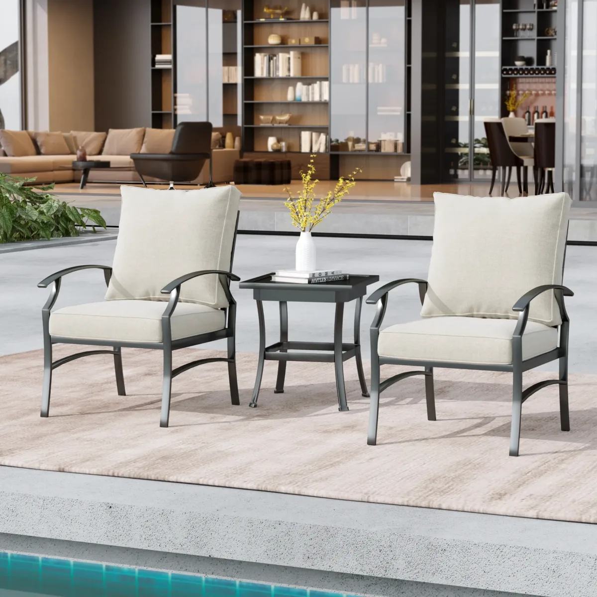 3 Pieces Set Metal Outdoor Patio Furniture Chairs Set with Cushions and End table - Image 1
