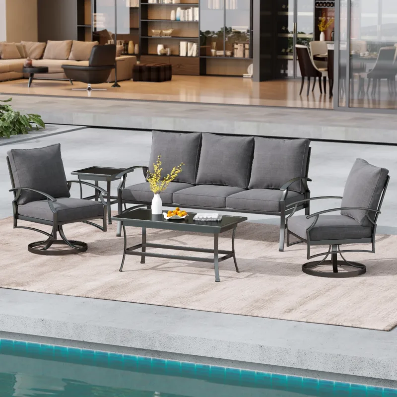 Outdoor Metal 5-Person Patio Set With Two Tables And Cushions - Image 2
