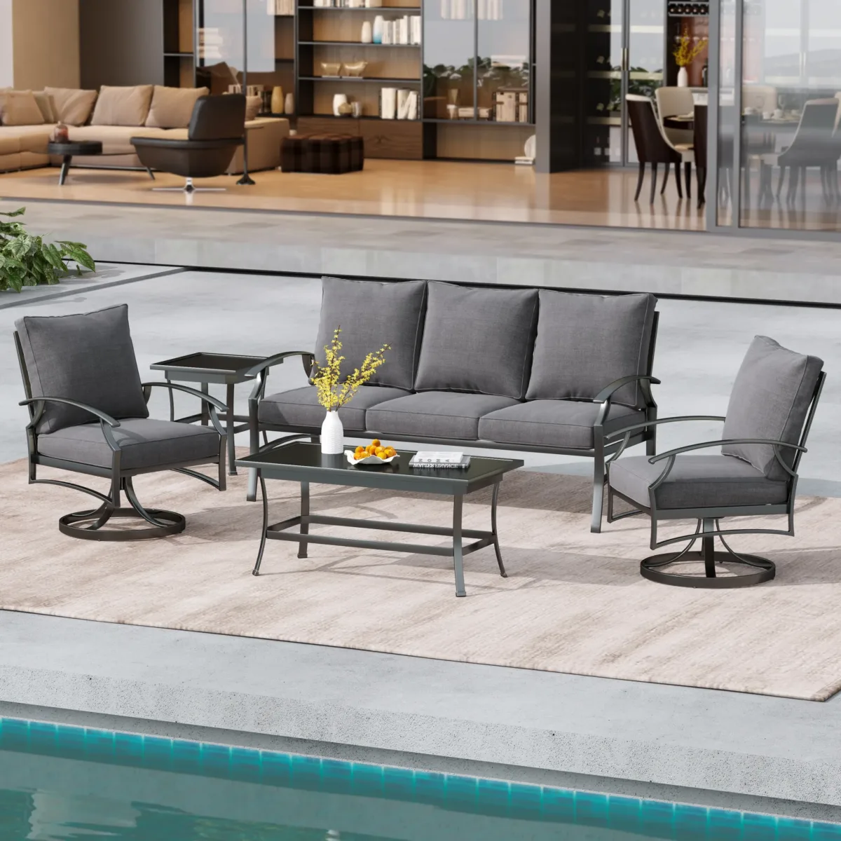 Outdoor Metal 5-Person Patio Set With Two Tables And Cushions - Image 2