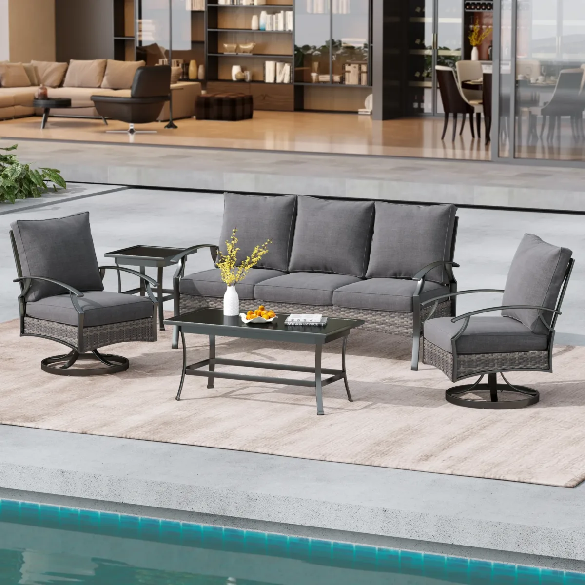 Charron Outdoor Metal 5-Person Patio Set With Two Tables and Wicker Decor - Image 2