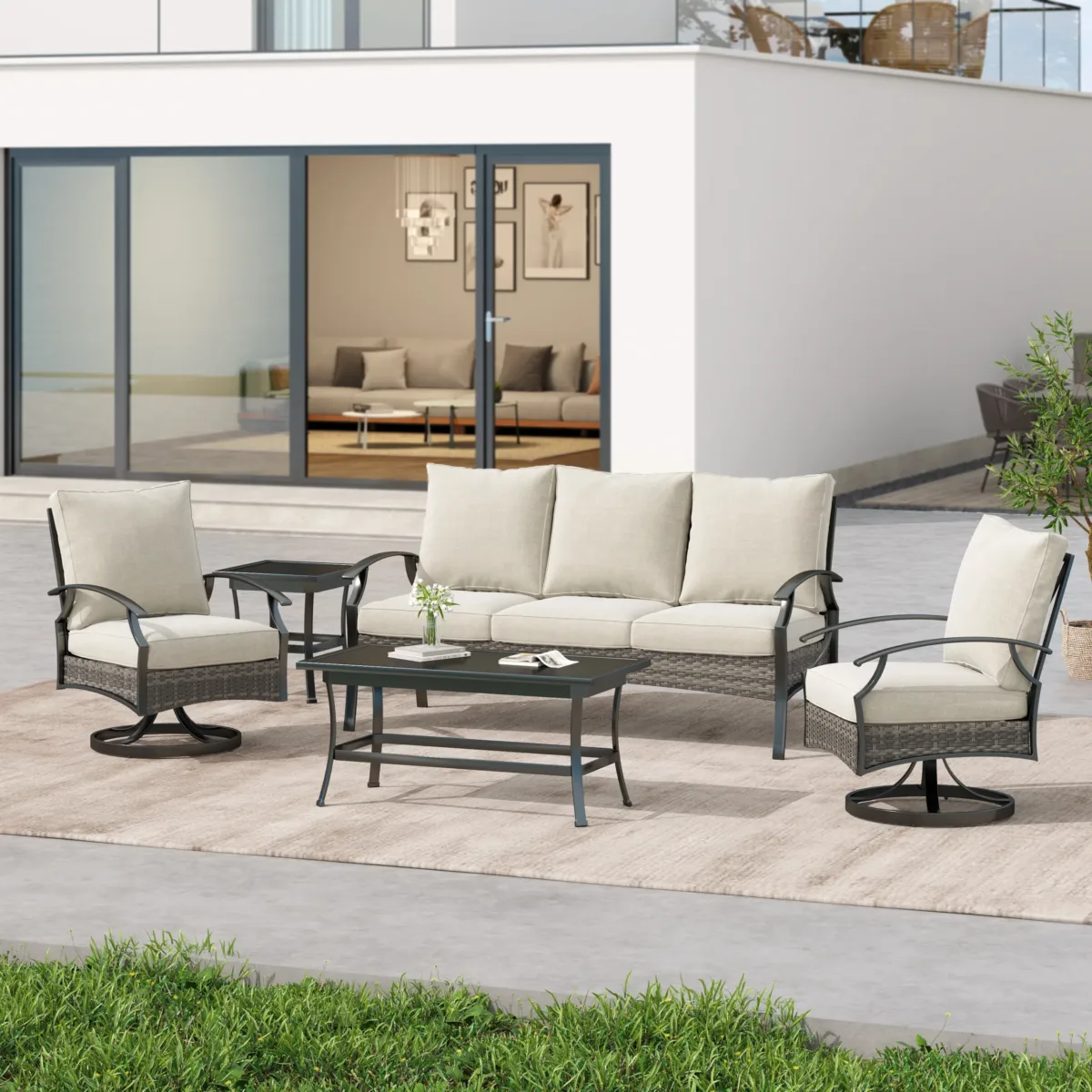 Charron Outdoor Metal 5-Person Patio Set With Two Tables and Wicker Decor - Image 1