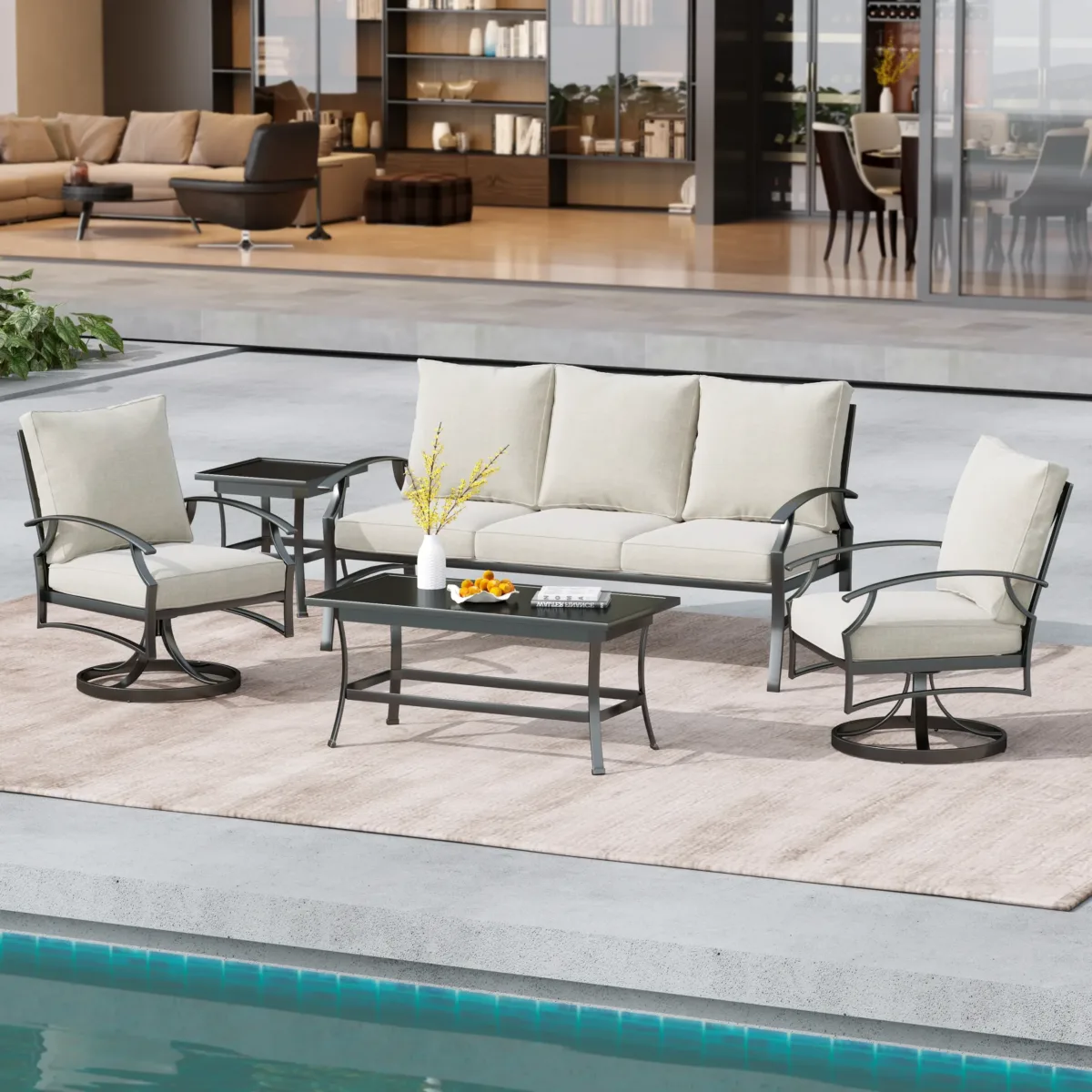 Outdoor Metal 5-Person Patio Set With Two Tables And Cushions - Image 1