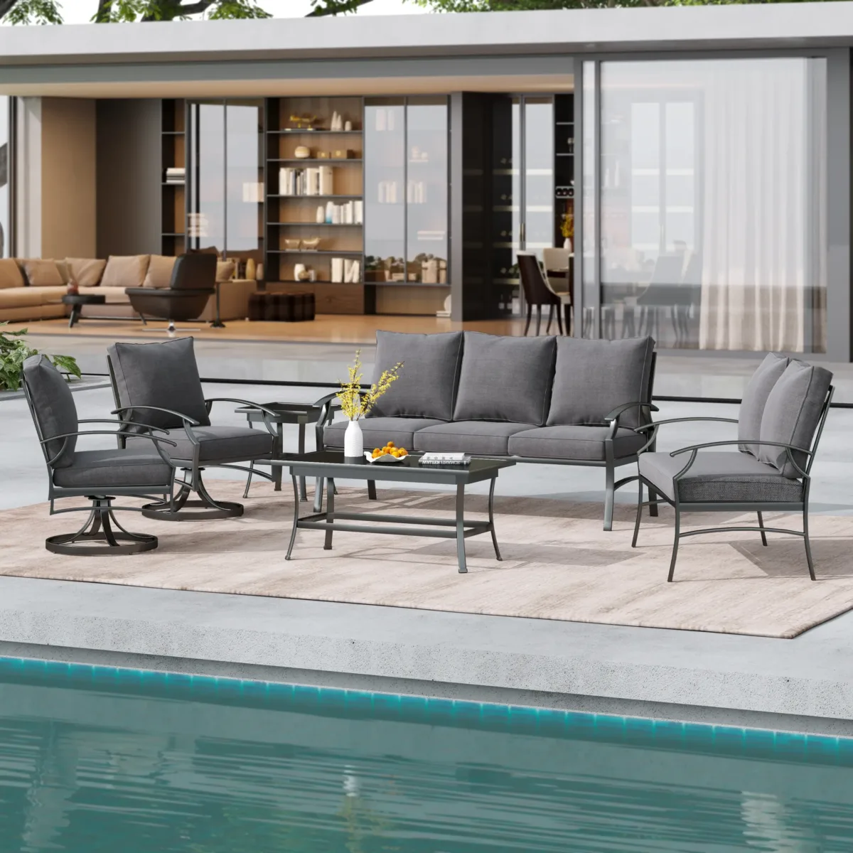 Outdoor Metal 7-Person Patio Set With Two Tables And Cushions - Image 2