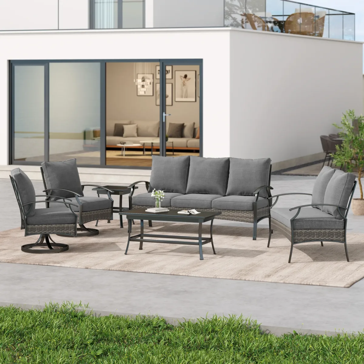 Charron Outdoor Metal 7-Person Patio Set With Two Tables and Wicker Decor - Image 2