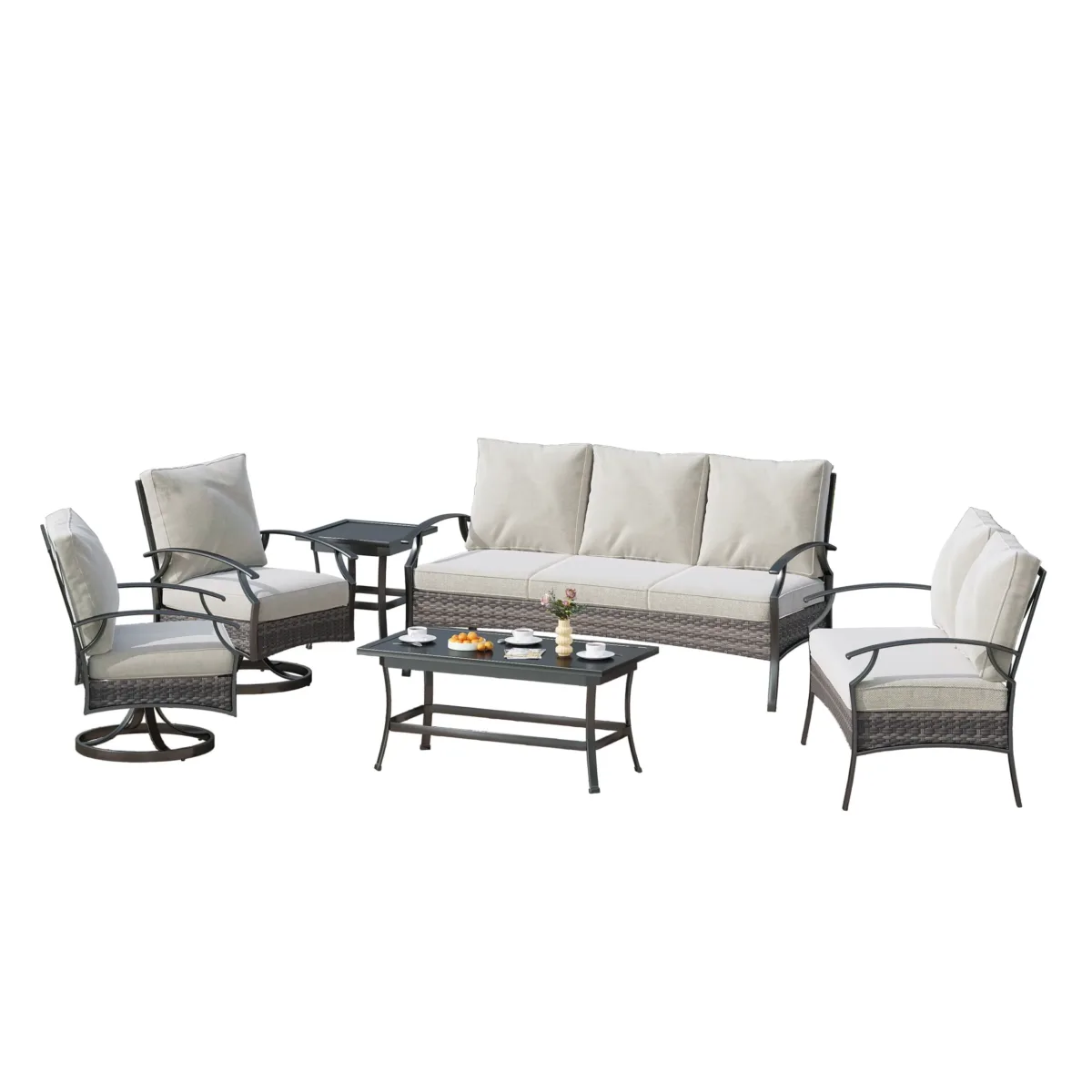 Charron Outdoor Metal 7-Person Patio Set With Two Tables and Wicker Decor - Image 4