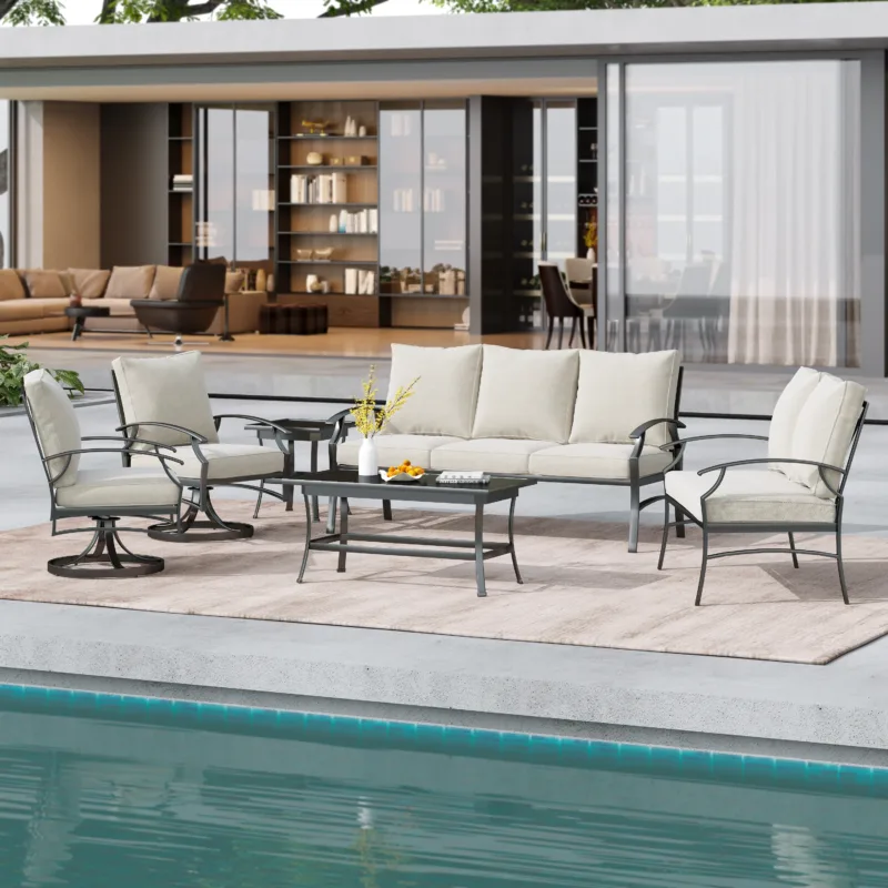 Outdoor Metal 7-Person Patio Set With Two Tables And Cushions