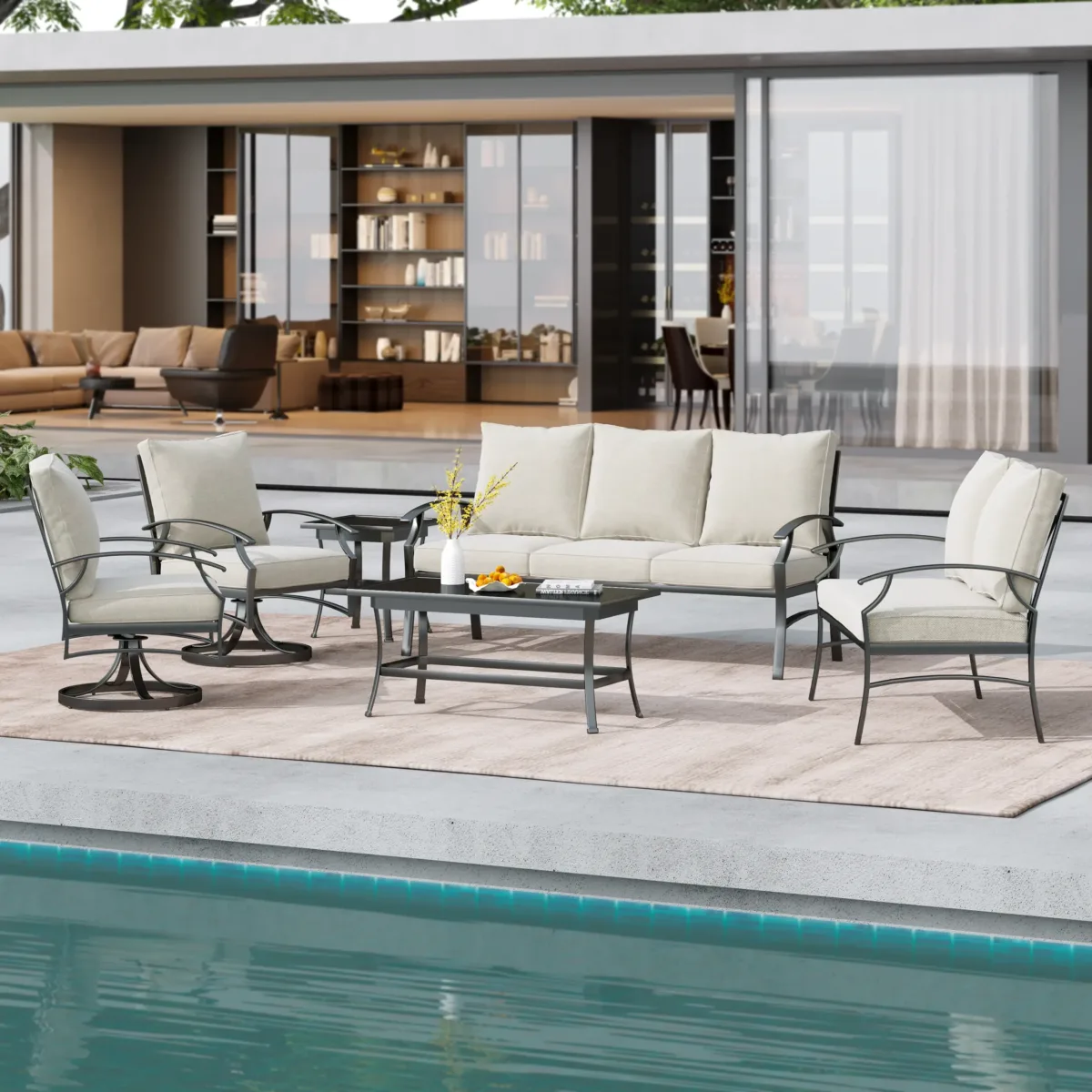 Outdoor Metal 7-Person Patio Set With Two Tables And Cushions - Image 1