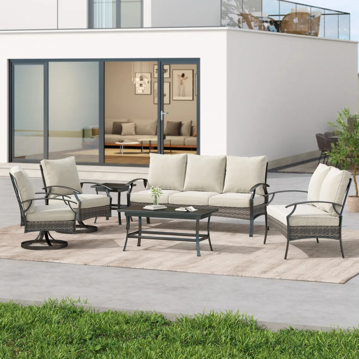 Charron Outdoor Metal 7-Person Patio Set With Two Tables and Wicker Decor - Image 1