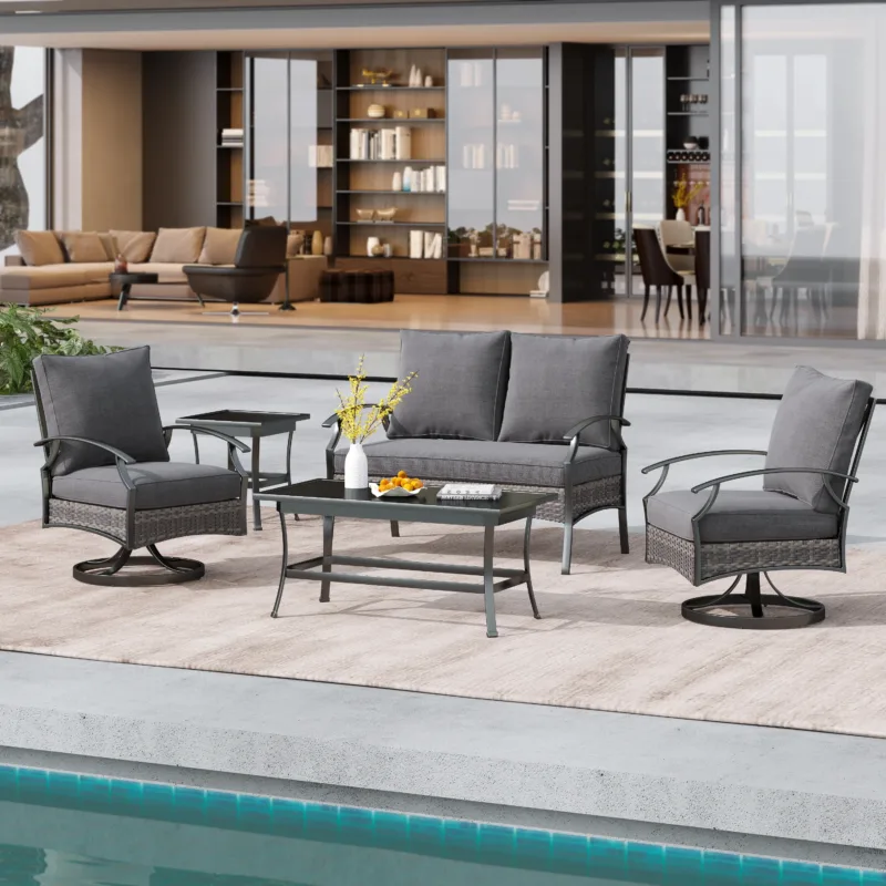 Outdoor Metal 4-Person Patio Set With Two Tables and Wicker Decor - Image 2