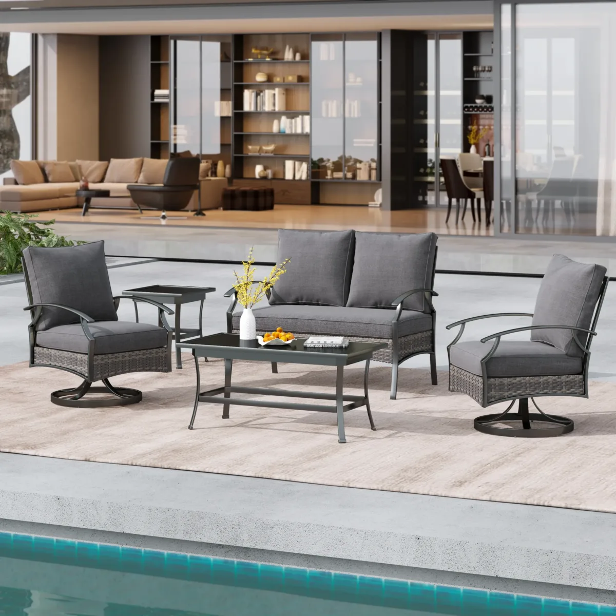 Outdoor Metal 4-Person Patio Set With Two Tables and Wicker Decor - Image 2
