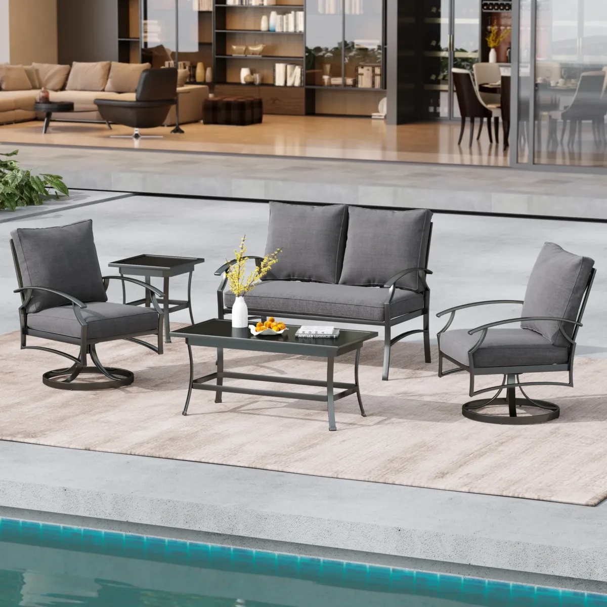Charron Outdoor Metal 4-Person Patio Set With Two Tables And Cushions - Image 3