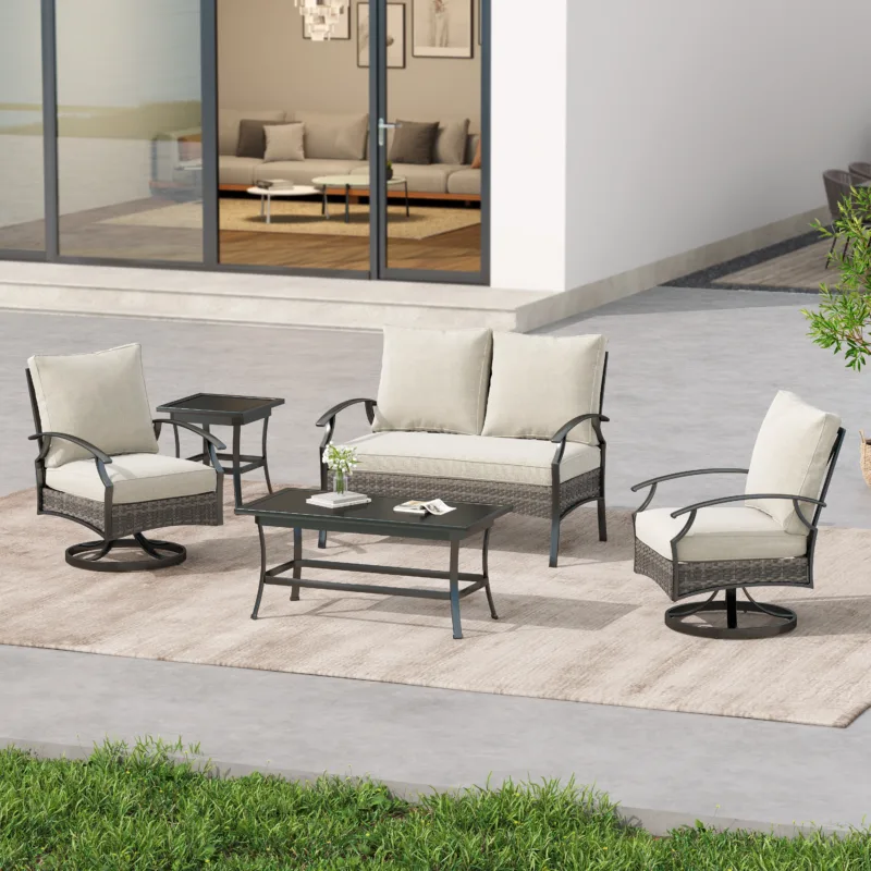 Outdoor Metal 4-Person Patio Set With Two Tables and Wicker Decor