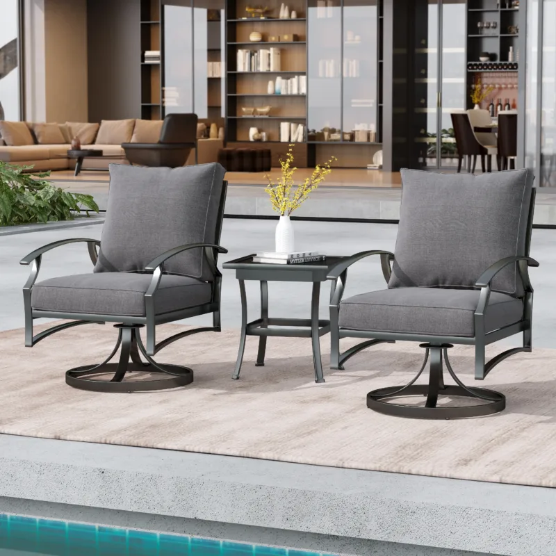 3 Pieces Set Metal Outdoor Patio Furniture Swivel Chairs Set with Cushions - Image 2
