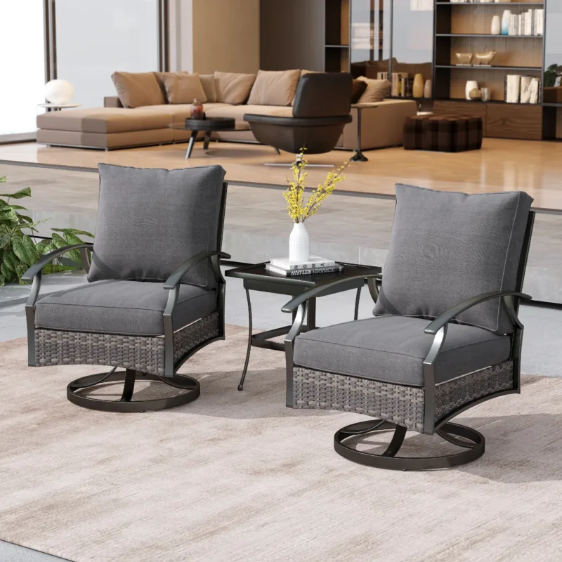 Charron 3 Pieces Set Metal Outdoor Patio Furniture Swivel Chairs Set with Cushions and End table and Wicker Decor - Image 3