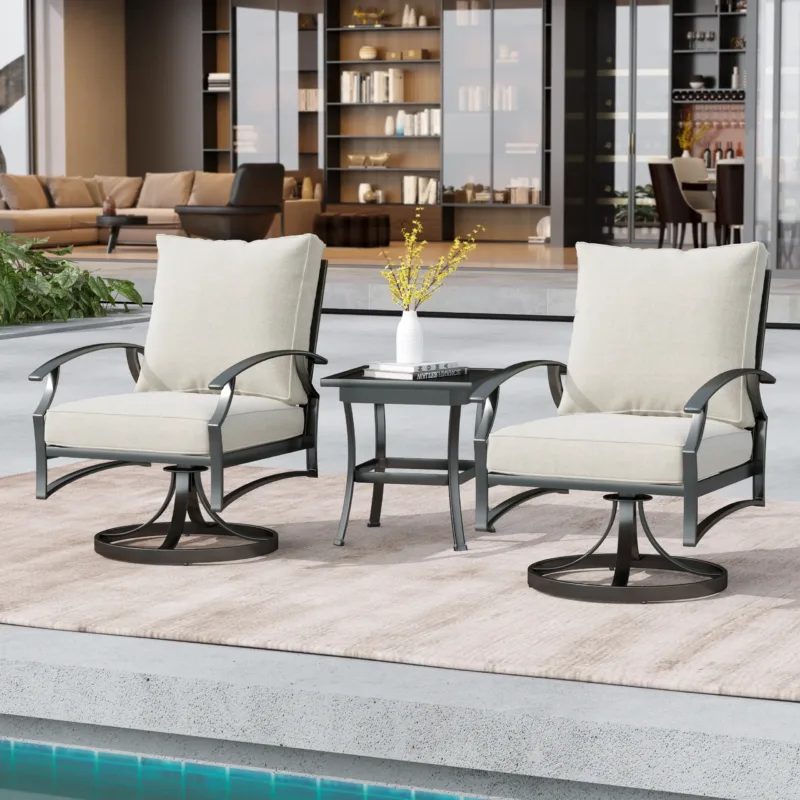 3 Pieces Set Metal Outdoor Patio Furniture Swivel Chairs Set with Cushions