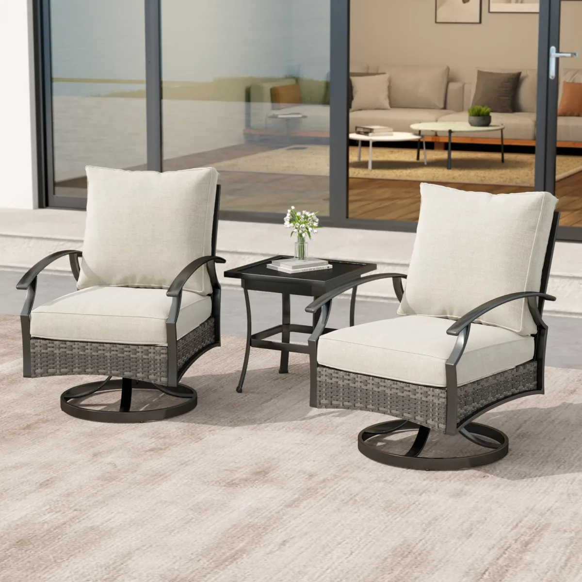 Charron 3 Pieces Set Metal Outdoor Patio Furniture Swivel Chairs Set with Cushions and End table and Wicker Decor - Image 1