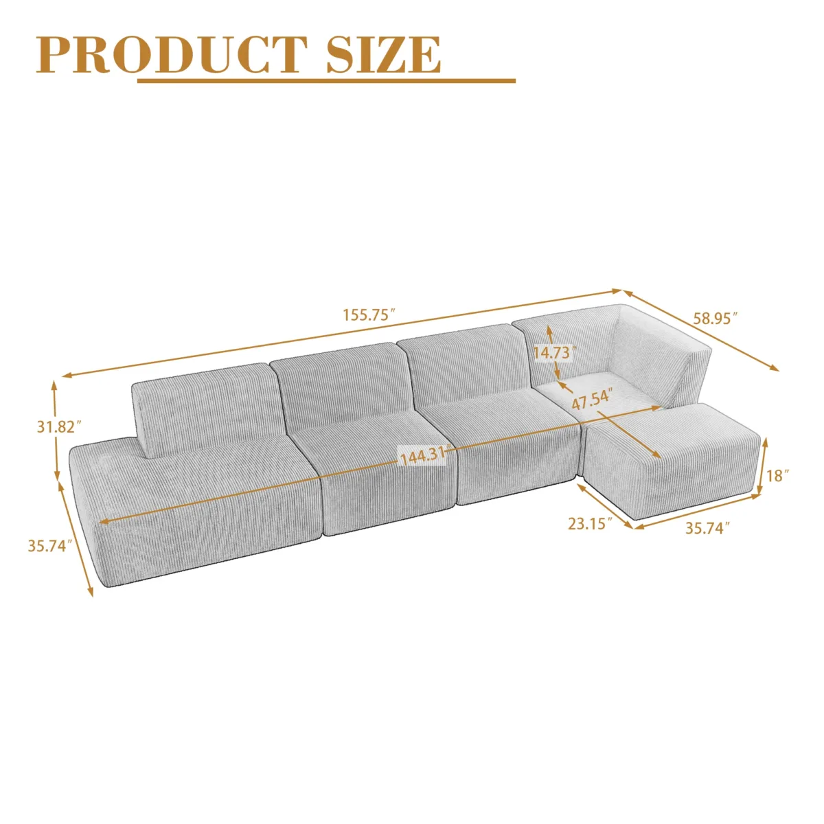 Camelle 5-Piece Corduroy Sectional Sofa with Right Chaise Module - Image 4