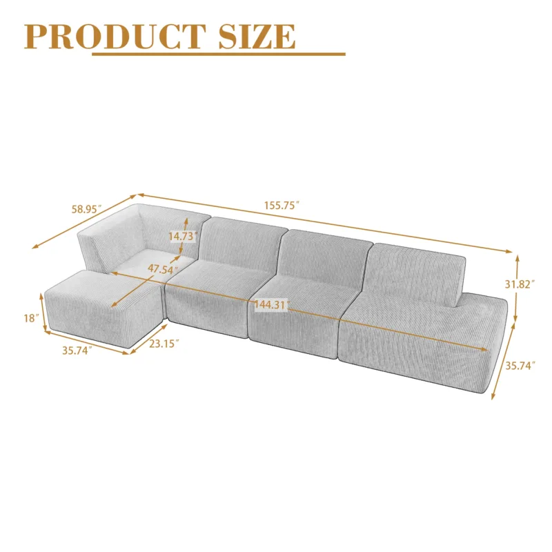 Camelle 5-Piece Corduroy Sectional Sofa with Left Chaise Module - Image 4