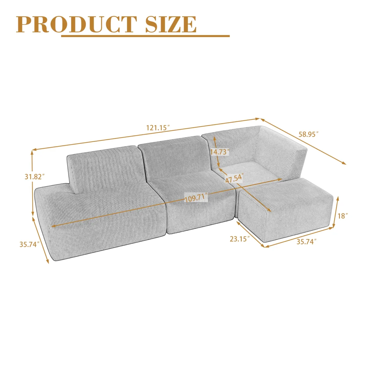 Camelle 4-Piece Corduroy Sectional Sofa with Right Chaise Module - Image 4