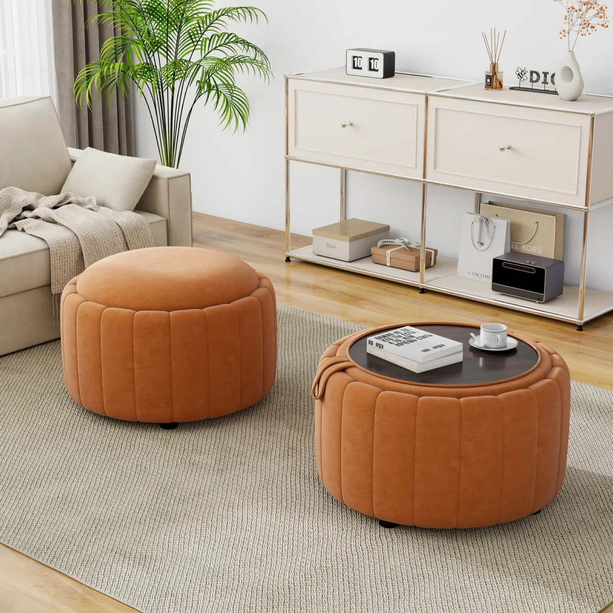 Savinien Upholstered Velvet Round Storage Ottoman with Flip-Top Tray (Set of 2) - Image 2