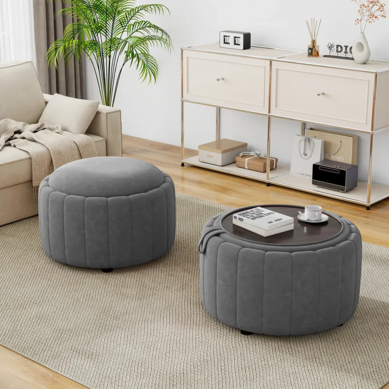 Savinien Upholstered Velvet Round Storage Ottoman with Flip-Top Tray (Set of 2) - Image 5