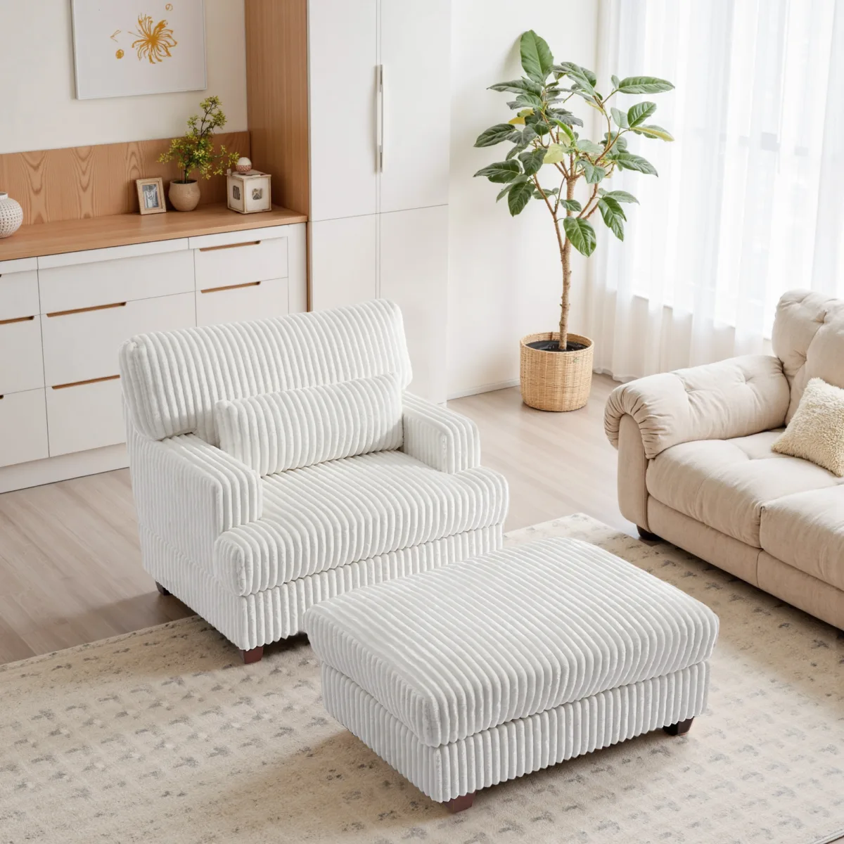 Ermia Modern Faux Fur Chaise Lounge Chair with Movable Ottoman and Pillow - Image 2