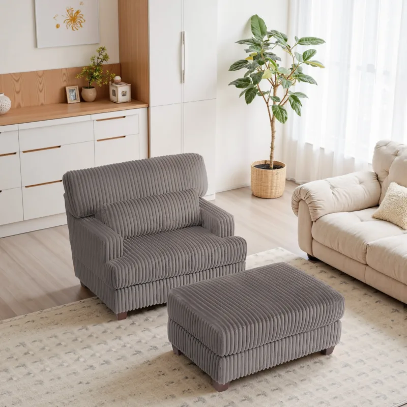 Ermia Modern Faux Fur Chaise Lounge Chair with Movable Ottoman and Pillow - Image 3