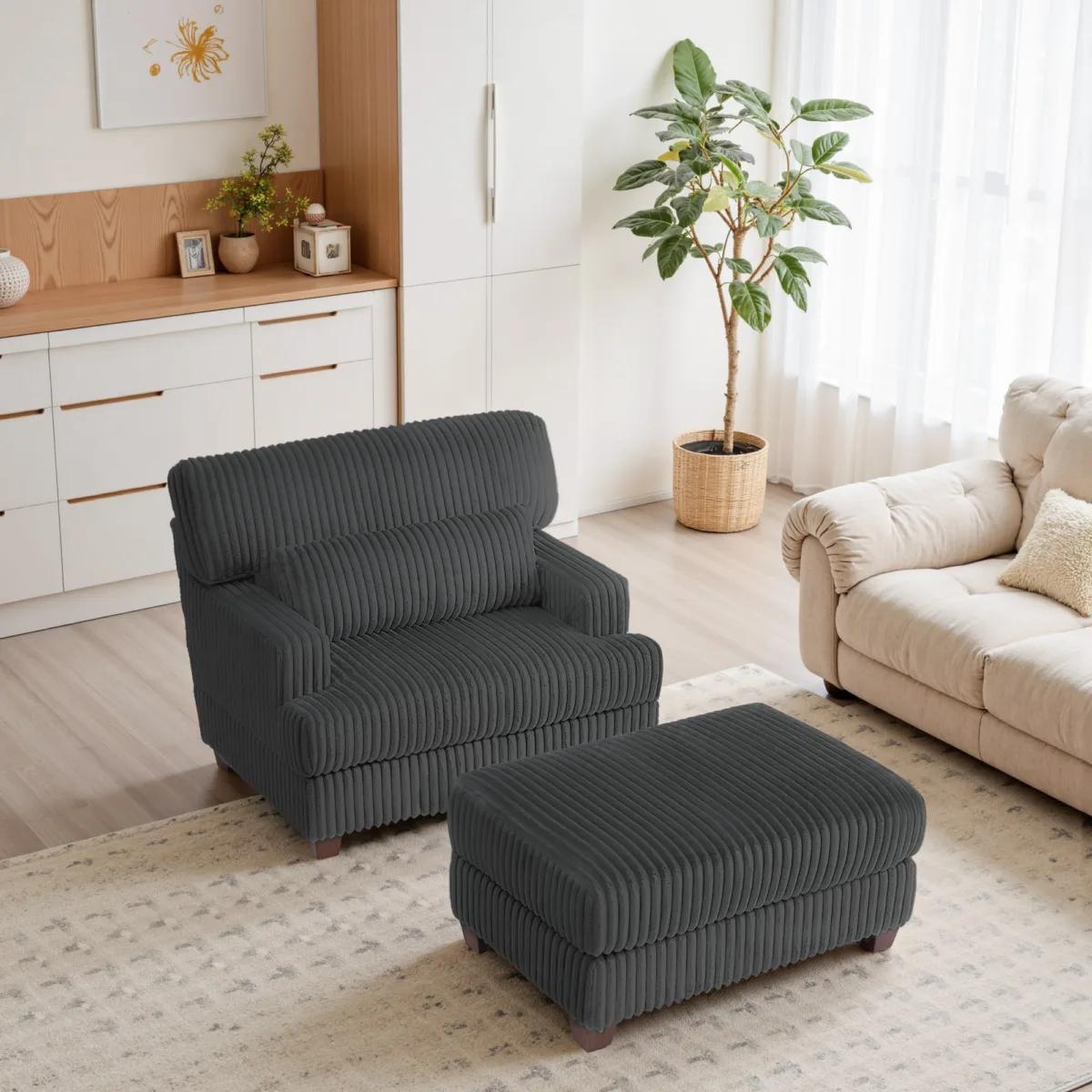 Ermia Modern Faux Fur Chaise Lounge Chair with Movable Ottoman and Pillow - Image 4
