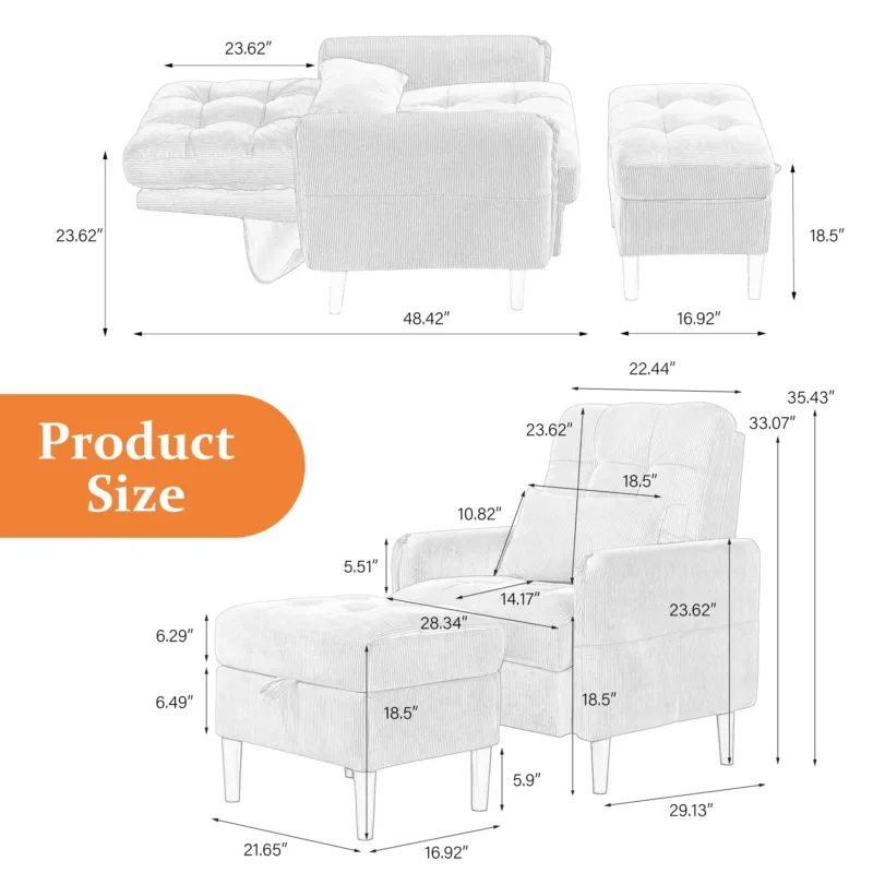 Deeda Soft Fabric Accent Chair with Adjustable Backrest and Ottoman - Image 6