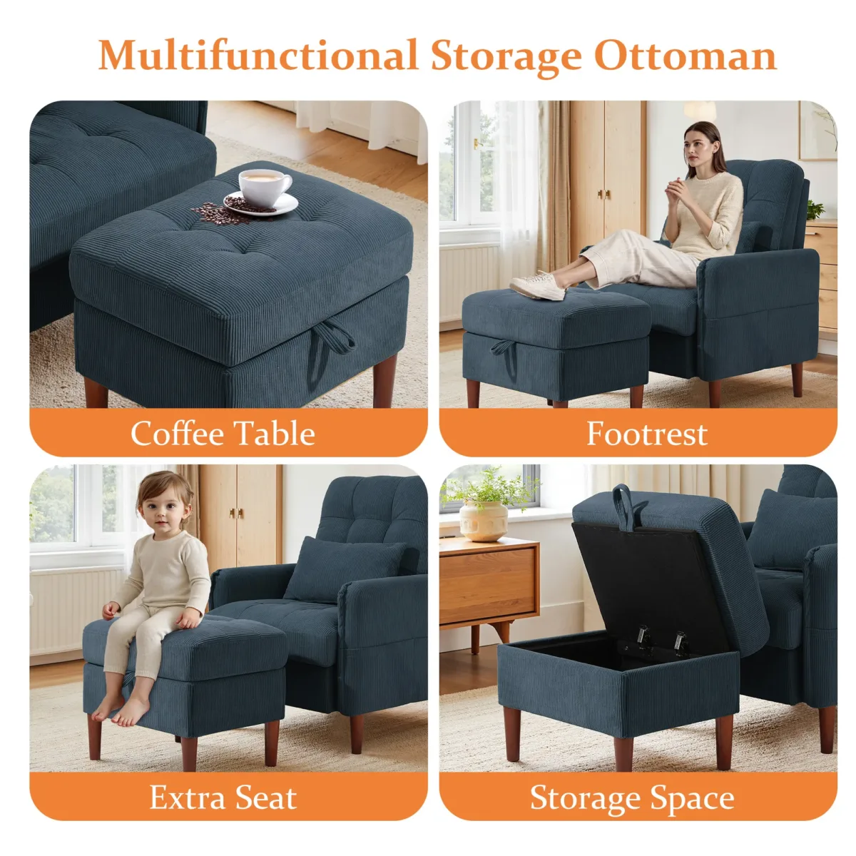 Deeda Soft Fabric Accent Chair with Adjustable Backrest and Ottoman - Image 8