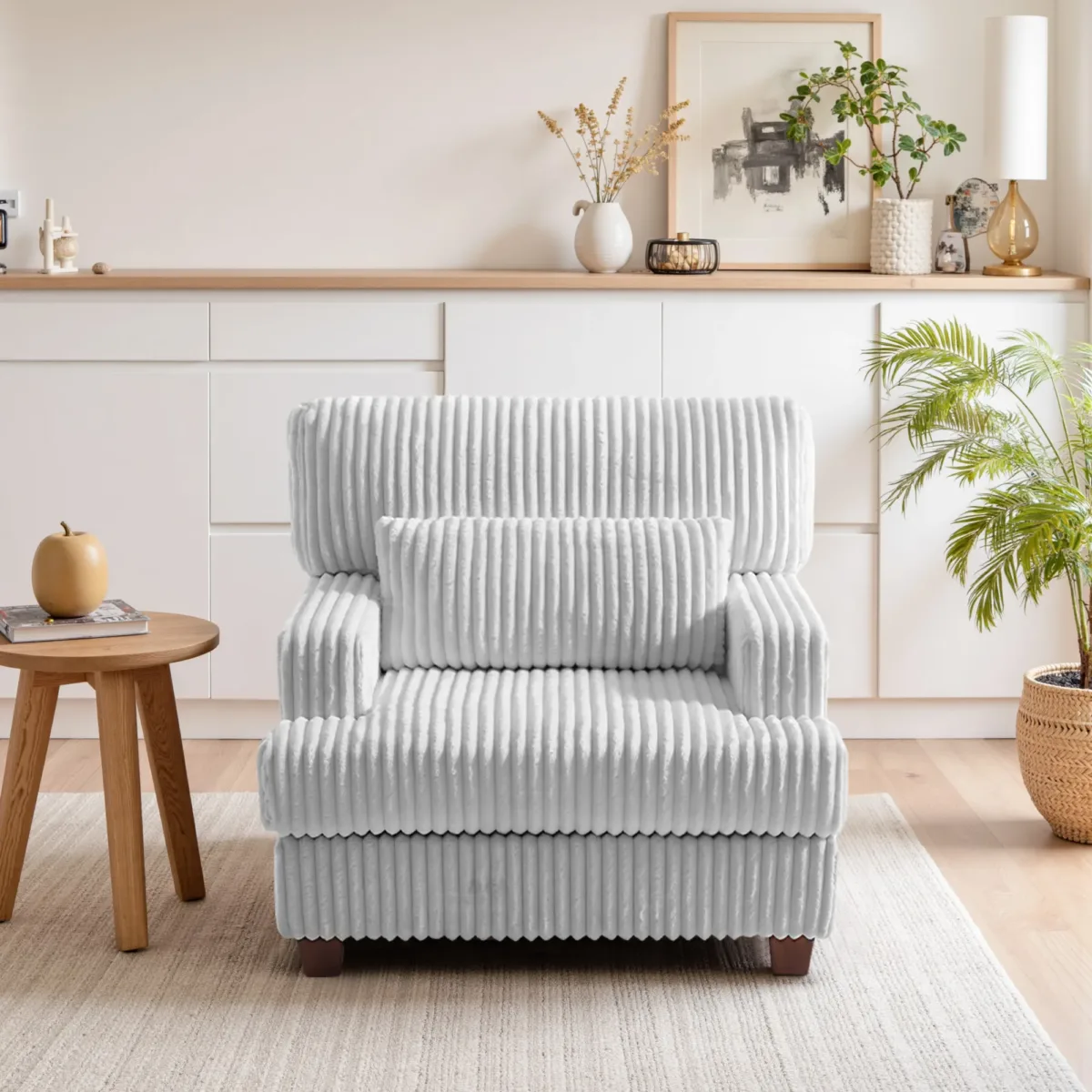 Ermia Modern Faux Fur Chaise Lounge Chair with Movable Ottoman and Pillow - Image 8