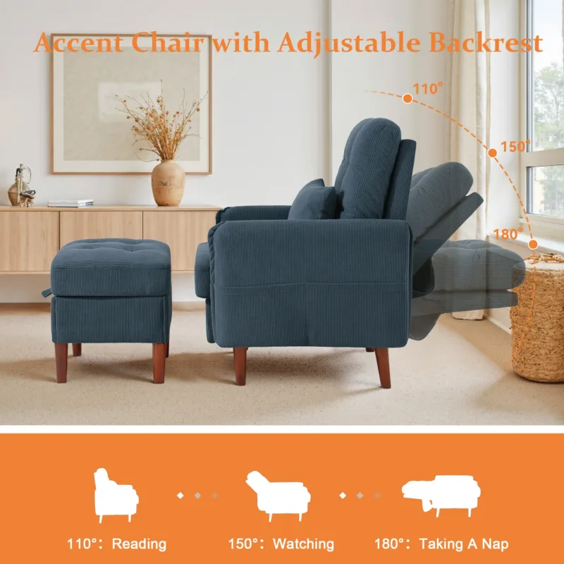 Deeda Soft Fabric Accent Chair with Adjustable Backrest and Ottoman - Image 7